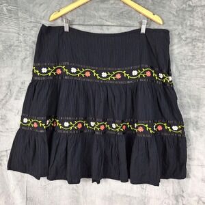Womens Skirt 22 Black Boho Peasant Floral Embroidered Tiered Whimsigoth Flowy